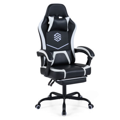 Gaming Chair with Headrest, Lumbar Support, Linkage Armrests, Reclining Backrest Black & White