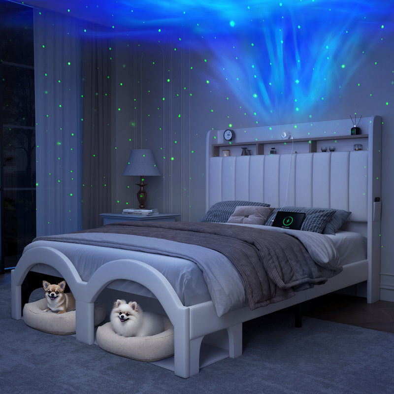 Bed Frame with Storage Drawers Pockets and Galaxy Star Projector Upholstered Wingback Headboard, Full, White