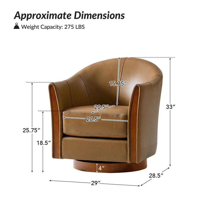 Fauteuil demi-tonneau pivotant en cuir véritable de P 29 po Pocono avec base en bois massif (ensemble de 2), Chameau