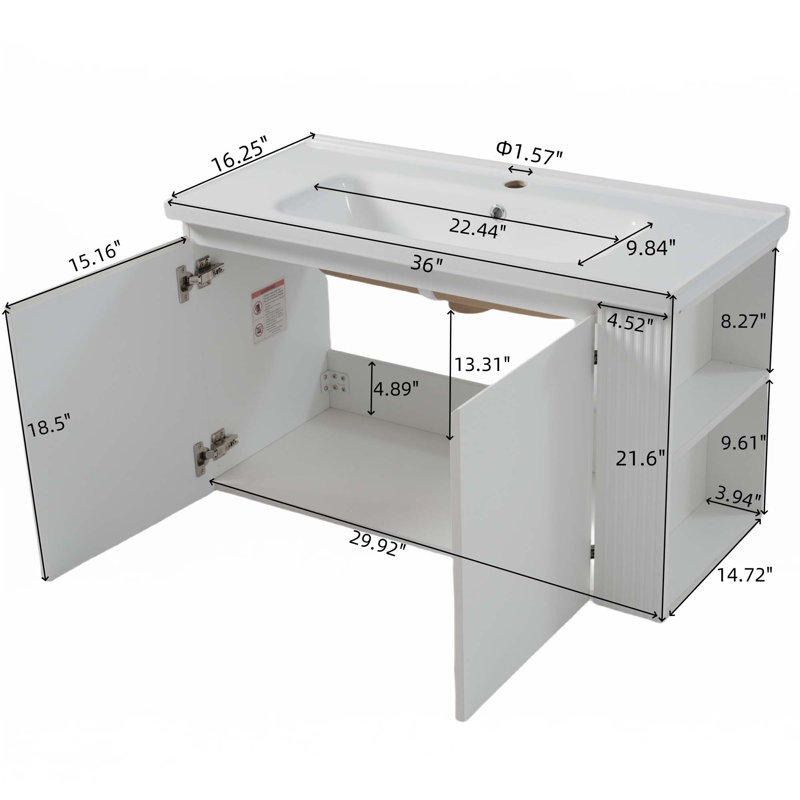 36" Floating  Wall-Mounted Bathroom Vanity With Ceramic Sink