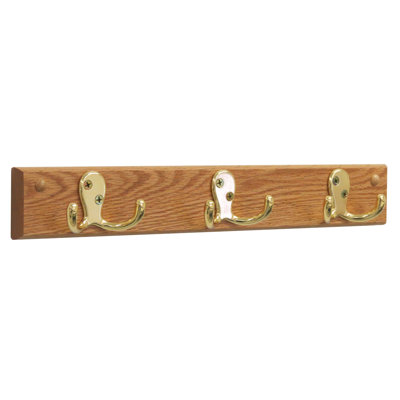 3 Double Prong Hook Rail/Coat Rack, Brass