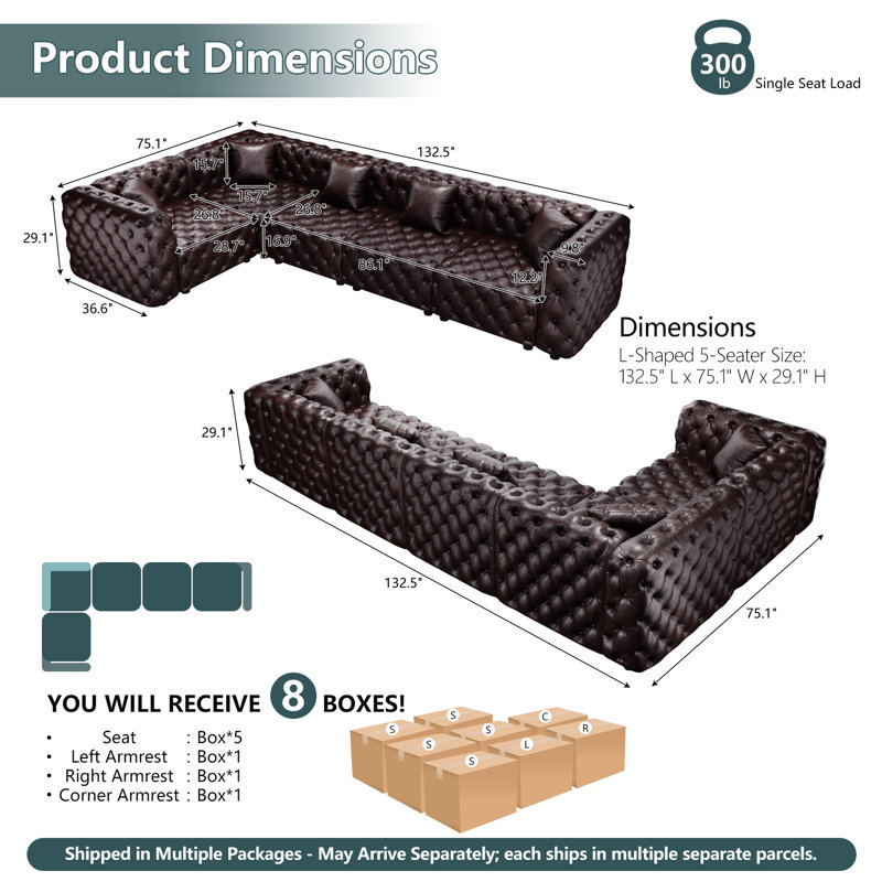 Canapé modulaire en L 5 places en similicuir à compression pour la maison