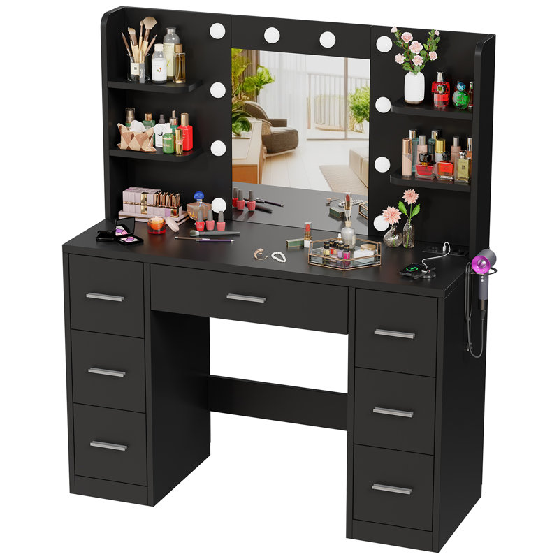 110cm Dressing Table With Power Outlet And Dryer Hook Modern Bulb Light Makeup Vanity, Black