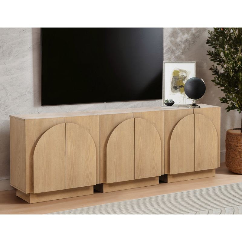  Aurelie 3 Piece Modular Solid Wood Tv Stand Arched Storage Cabinet Credenza, Light Oak