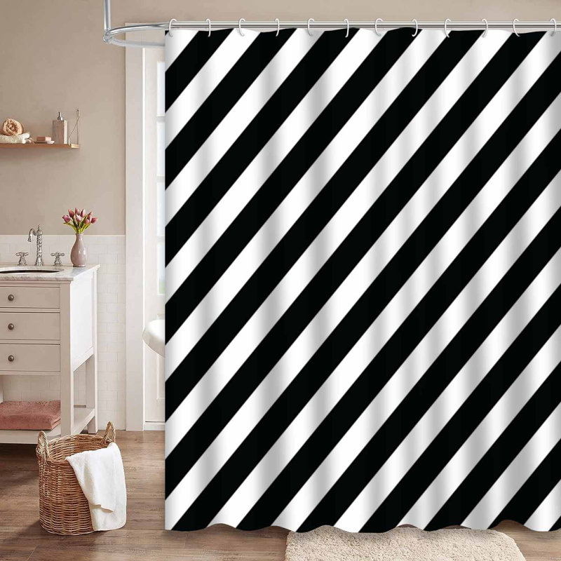 Rideau de douche diagonal à rayures noires rétro et blanc avec 12 crochets, L 72 po x l 84 po