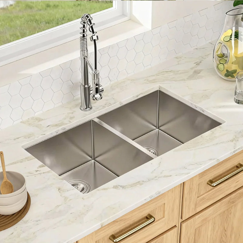 33" L x 19" W Undermount Double Bowl 50/50 Kitchen Sink 16 Gauge Stainless Steel Double Bowl Sink