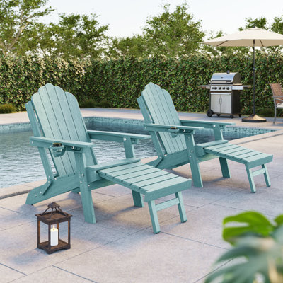 Folding Adirondack Chair with Retractable Ottoman & Cup Holder, 3-Position Adjustable for Patio, All-Weather Outdoor Seating