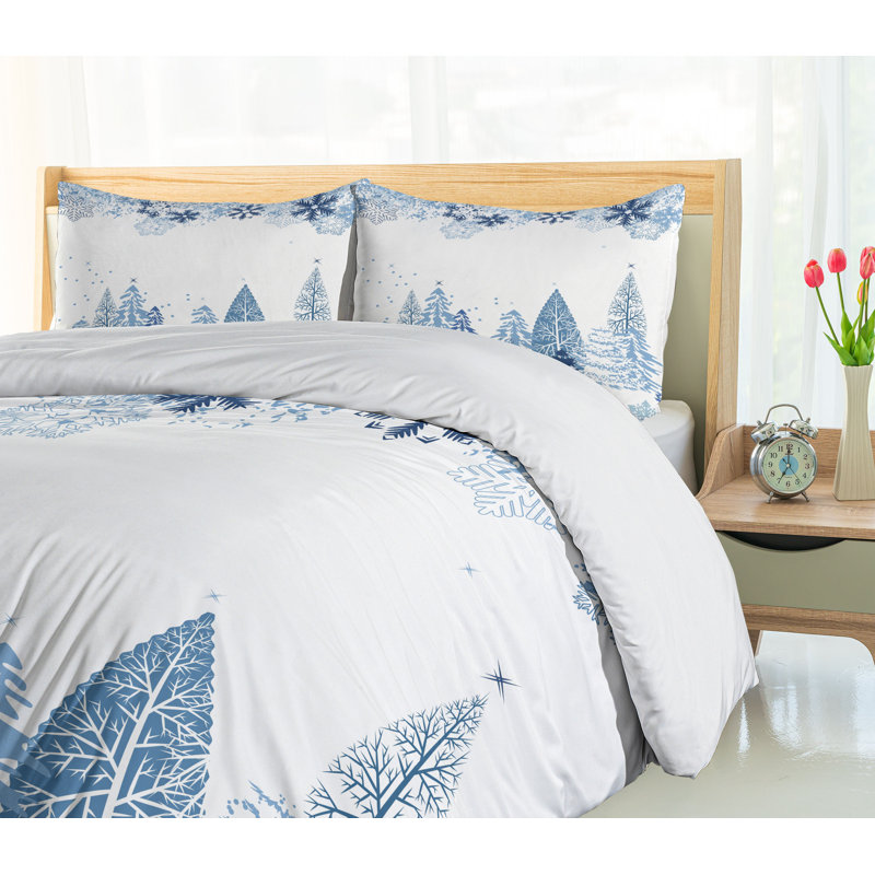 Queen Blue White Winter Scene Microfiber Duvet Cover Set