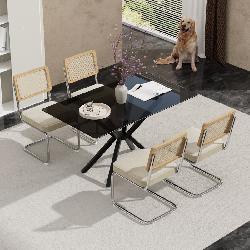 Rectangular Tempered Glass Dining Table Set With Luxury Velvet Rattan Back Upholstered Dining Chairs - Modern Contemporary Small Space Design