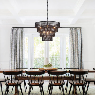 Hand-Woven Rattan Chandelier With 6-Light Drum Design, Boho Farmhouse Style Light Fixture For Dining Room, Kitchen, Living Room, Bedroom, E12 Base