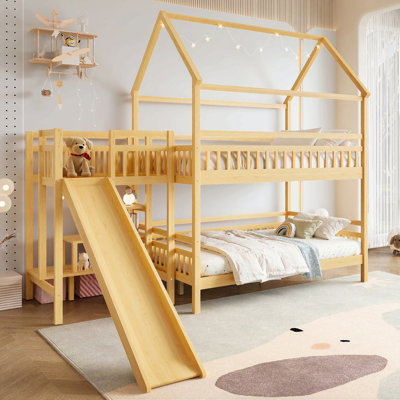 Lit double superposé en forme de maison double avec glissade, lit de jeu avec escalier de rangement, deux méthodes de placement, conception silencieuse