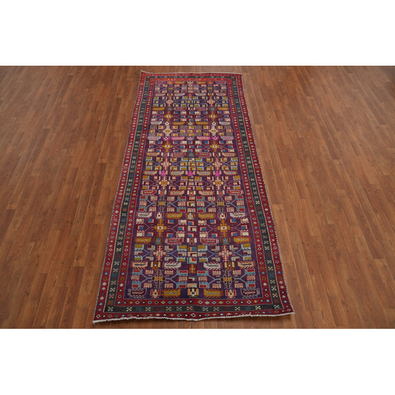 Tapis de couloir oriental mauve à motif géométrique traditionnel 4 x 9