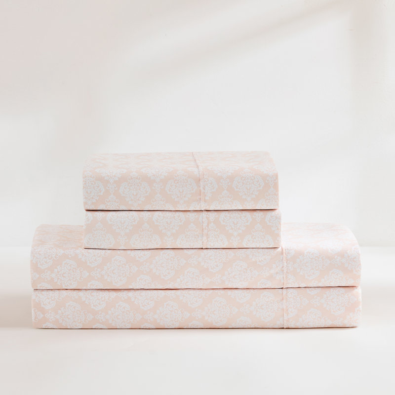 Romer Damask Sheet Set Peach, Queen Sheet Set with 4 Pilowcases