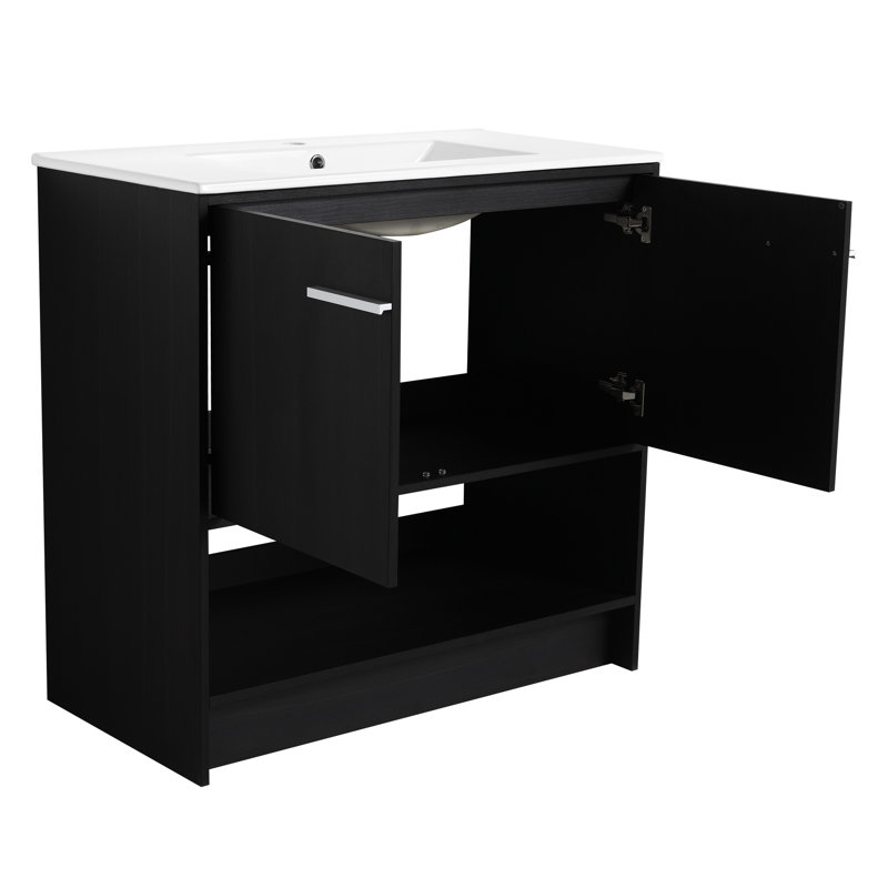 Meuble-lavabo autoportant de 36 po, lavabo en céramique, structure d'armoire en contreplaqué, 2 portes, meuble-lavabo à finition chêne noir avec armoire, autoportant, abat-jour foncé