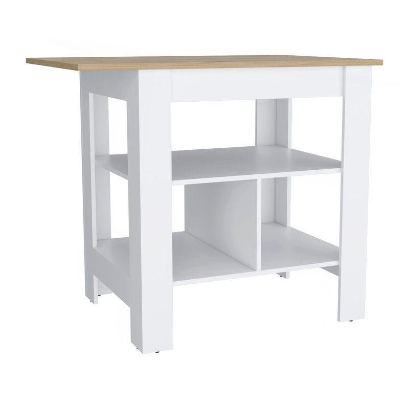 Îlot de cuisine, table de cuisine H 35 po, 3 tablettes ouvertes, blanc / macadamia