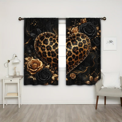 2 pièces de rideaux filtrant la lumière en forme de cœur de léopard avec accents dorés, décor romantique, passe-tringle facile à suspendre, rideaux de fenêtre toutes saisons pour la décoration du dortoir de la chambre du salon