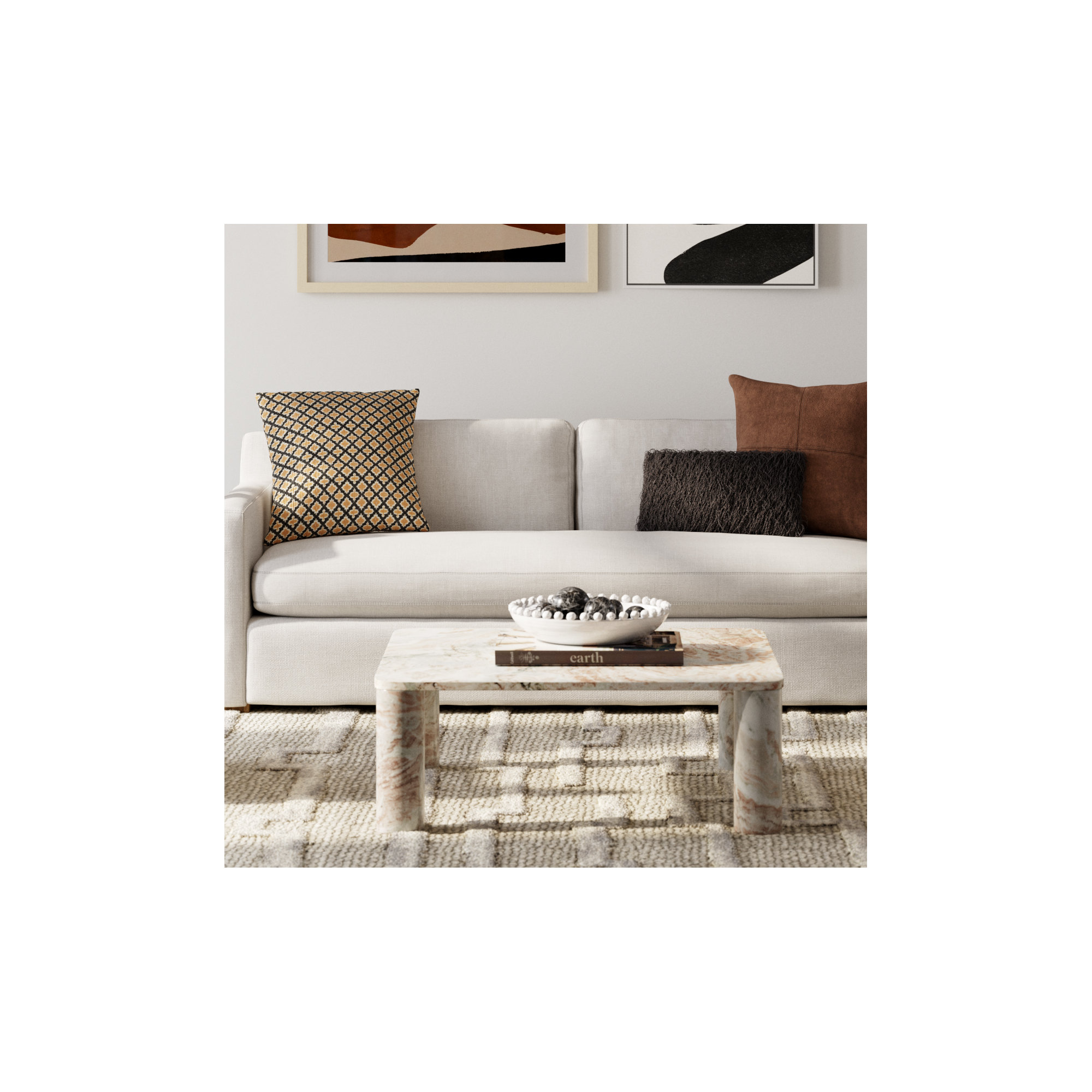 Enid Solid Marble Square Coffee Table, White/Brown