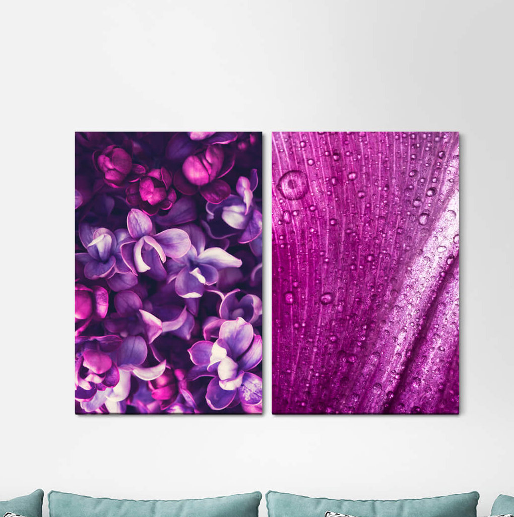 2-tlg. Leinwandbilder-Set - Grafikdruck „Orchids Blossoms Fragrant Colourful Raindrops”