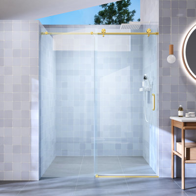 Porte de douche coulissante pour salle de bain, 56 po à 60 po de largeur, 76 po de hauteur, 1/4 po de verre trempé de 6 mm, ajustement ajustable, or brossé, verre simple de 6 mm de largeur x H, pour les ouvertures de 56 po et 60 po, rouille