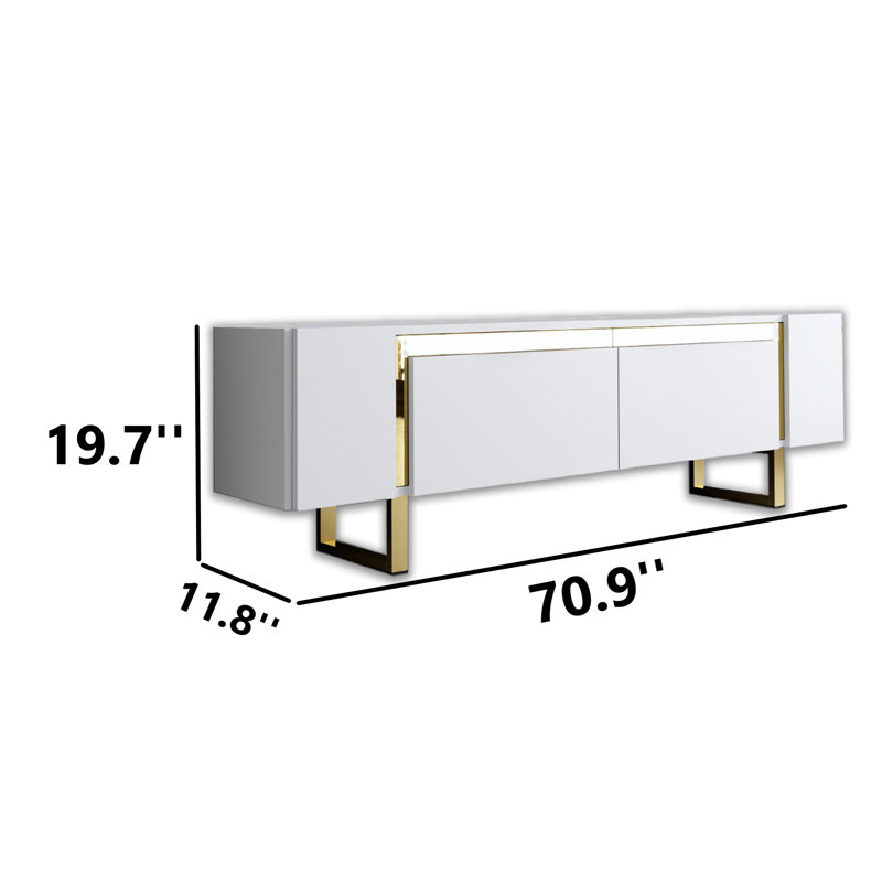 Metal Legs Unique TV Stand For Tvs Up To 78'' With Reflective Stripe, White/Gold
