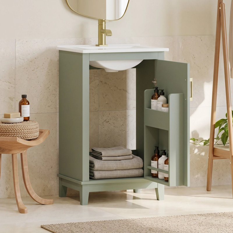 Compact Freestanding Bathroom Vanity with Ceramic Sink, Green