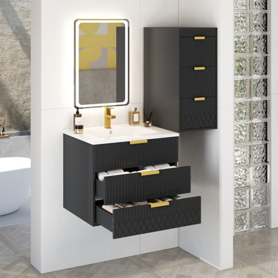 24"W Wall Mounted Single Vanity with Ceramic Sink Top, Side Cabinet and Drawers