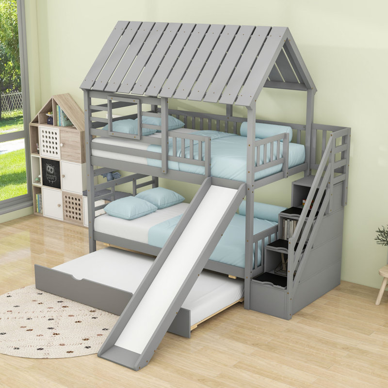 Twin Over Twin House-Shaped Bunk Bed With Twin Trundle, Storage Staircase And Slide, Gray