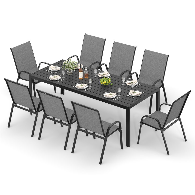 Ensemble de salle à manger d'extérieur pour 8 personnes, chaises empilables et table de salle à manger Hdpe 82,6 po, ensemble de salle à manger toutes saisons pour pelouse, jardin, cour