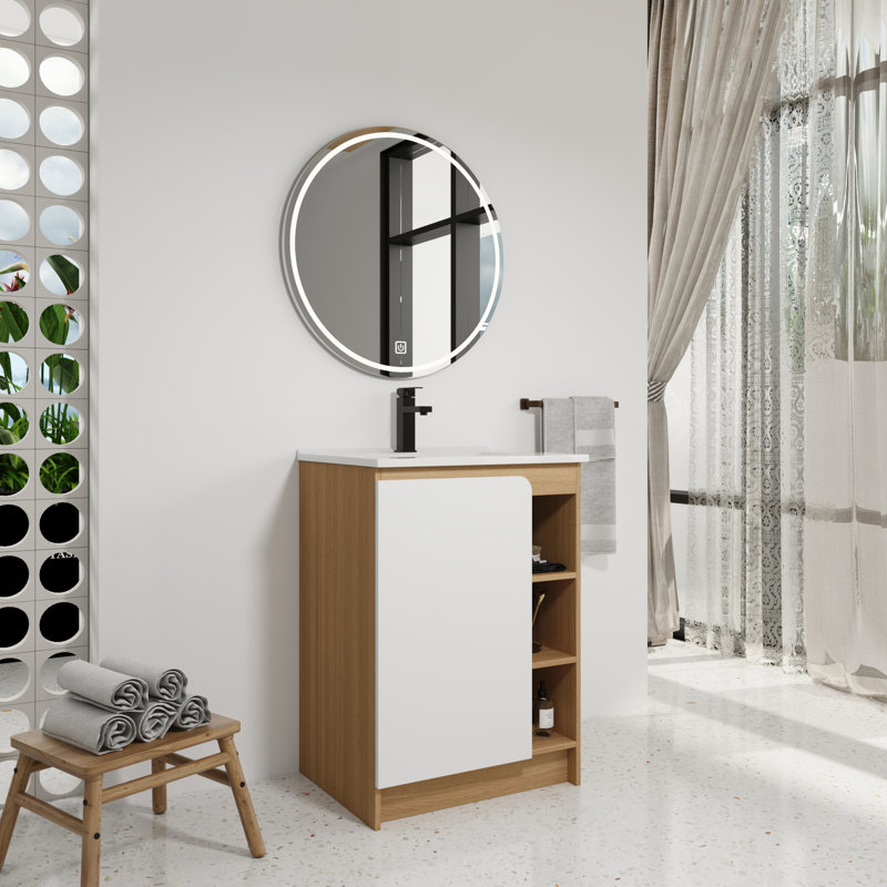  Meuble-lavabo autoportant 24 po, lavabo en céramique, chêne clair, tablettes ouvertes à 4 niveaux