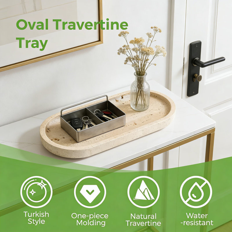 Plateau en pierre de travertin naturel pour la décoration intérieure, plateau en marbre ovale de 12 pouces pour meuble-lavabo, bijoux, parfum et organisation de bougie