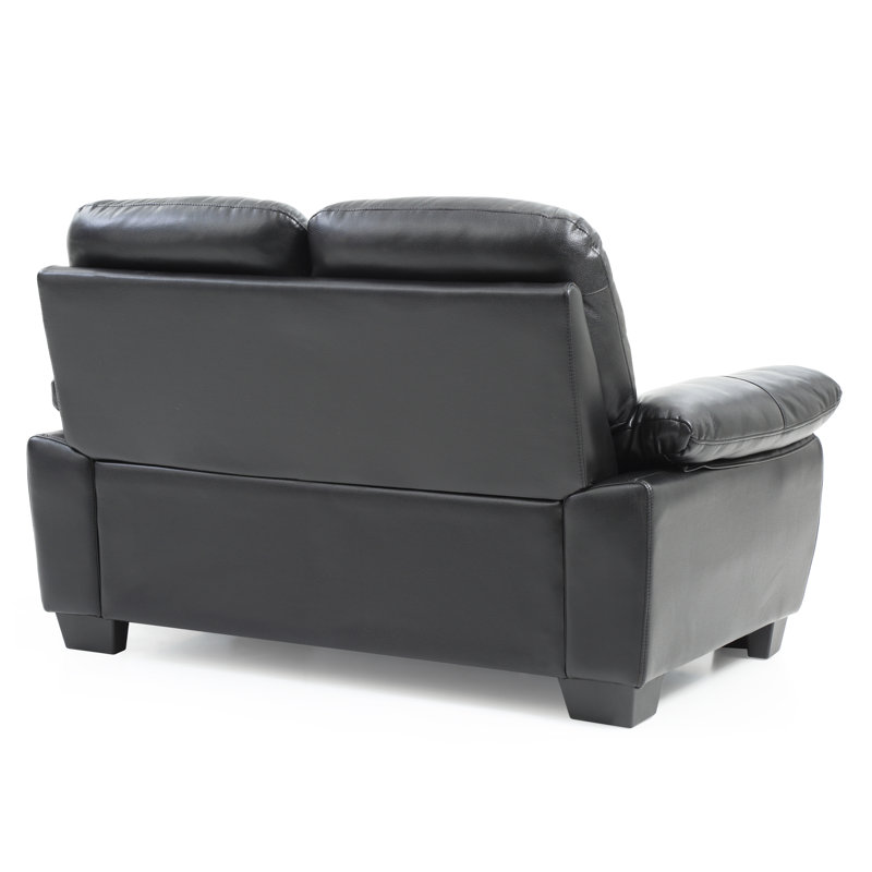Mouton Faux Leather Pillow Top Arm Loveseat, Black Faux Leather, 35"H x 59"W x 33"D