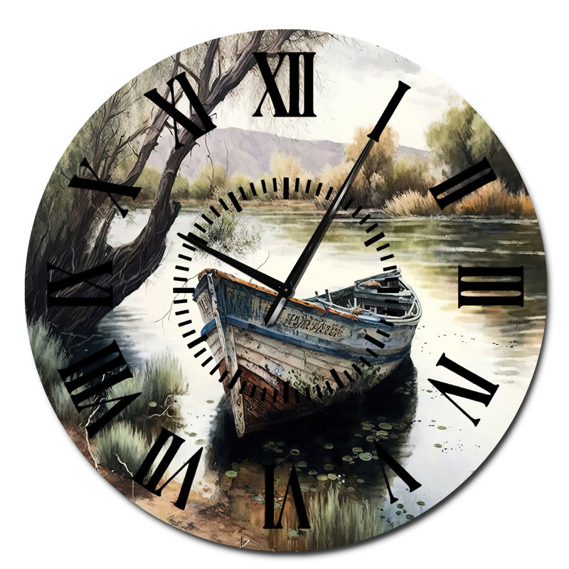Horloge murale avec bateau de pêche dans la rivière - Paysage et nature, Surdimensionné