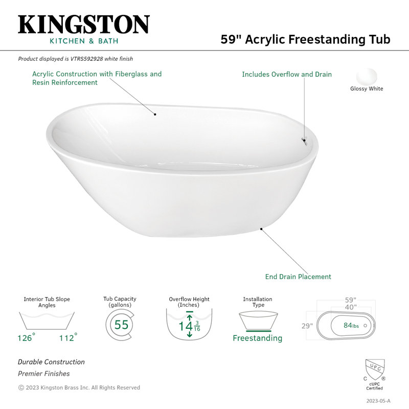Baignoire autoportante ovale en acrylique avec drain de 59 pouces Kingston Brass Aqua Eden