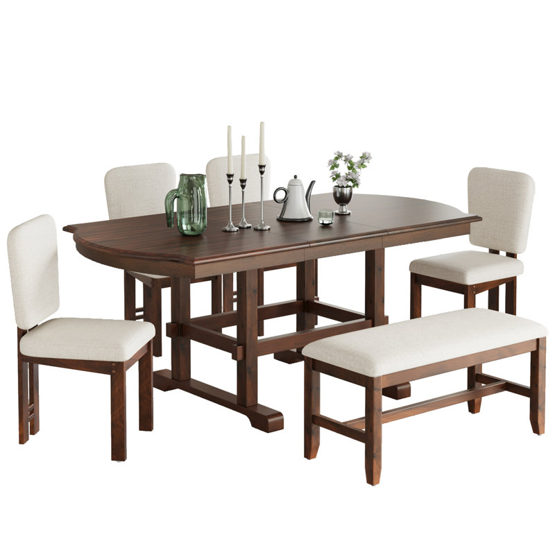 Ensemble de table de salle à manger 6 pièces 78 pouces avec banc, table de cuisine traditionnelle avec rallonge amovible de 18 pouces et 4 chaises de salle à manger rembourrées