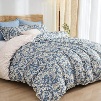 PHF Ultra Soft Paisley Duvet Cover, Printed Bedding Set 3 Pieces, Comfy Farmhouse Pattern Duvet Cover Set with 2 Pillow Shams, Zipper Closure and 8 Ties