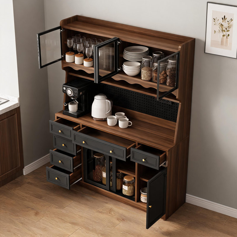 Armoire de rangement brun-noir avec armoire supérieure, grand bar à café (6 tiroirs), 4 armoires avec tablettes réglables, planche de suspension et prise de courant