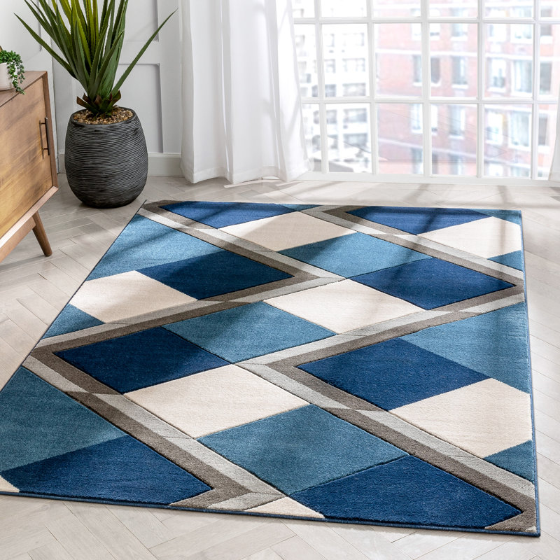Tapis bleu à motif géométrique de losanges, Rectangle 3 pi 11 po x 5 pi 3 po