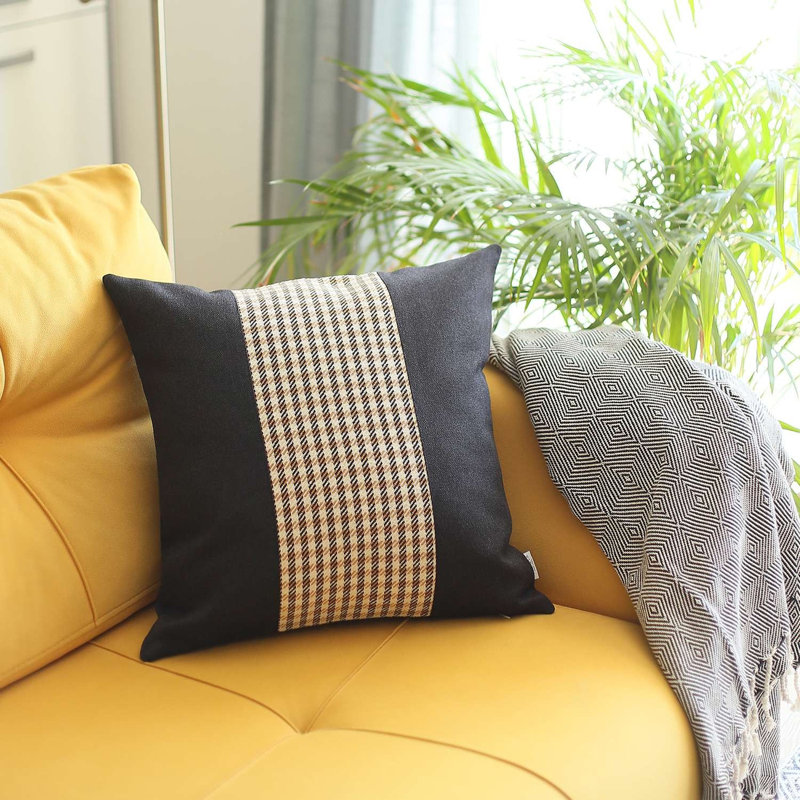 Housse et insert décoratif en jacquard pied-de-poule Boho-Chic, Noir et blanc, Polyester