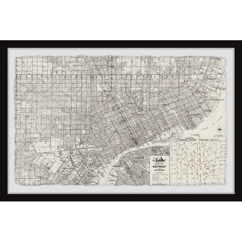 «Vintage Detroit Map», reproduction d'art graphique sur papier encadrée, H 16 po x l 24 po x 1,5 po