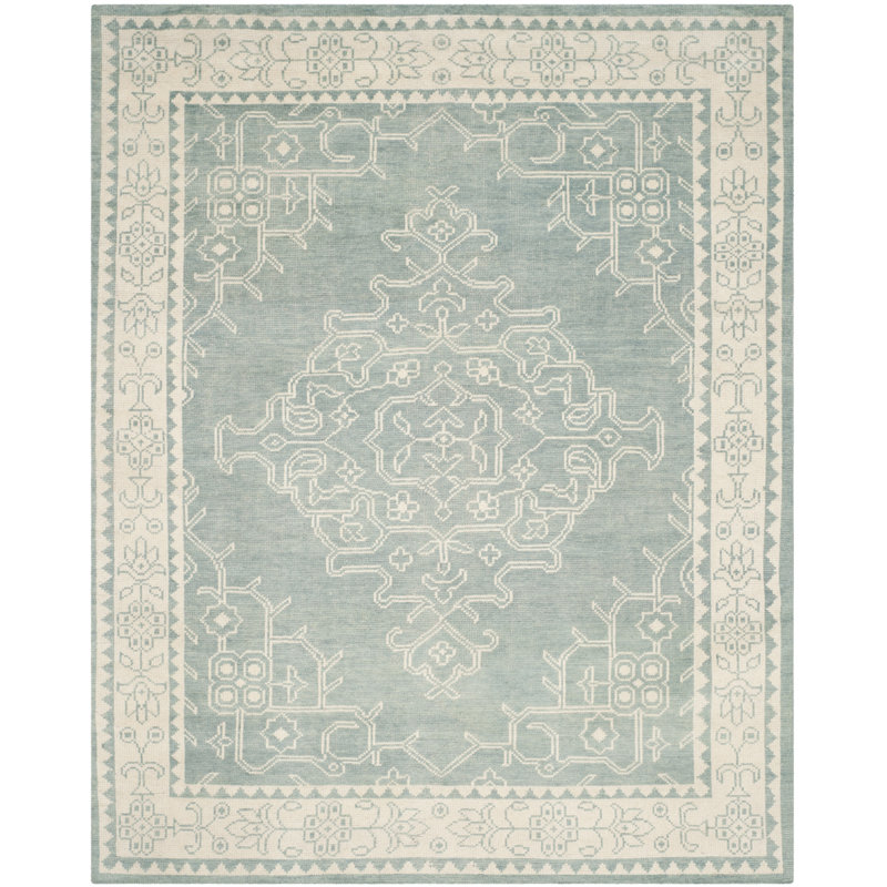 Tapis oriental ivoire / bleu en laine / coton noué à la main Amariona, Rectangle 6 pi x 9 pi