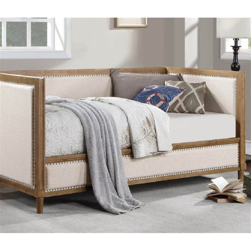 Beige Fabric Upholstered 1Pc Day Bed Light Oak Bed Frame Nailhead Trim Bedroom Furniture Mattress Ready Twin Day Bed