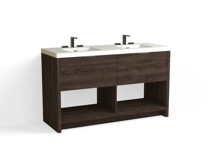 Vista 60" W Freestanding Double Bathroom Vanity, Charred/Matte Black, 8" Widespread, White Matte