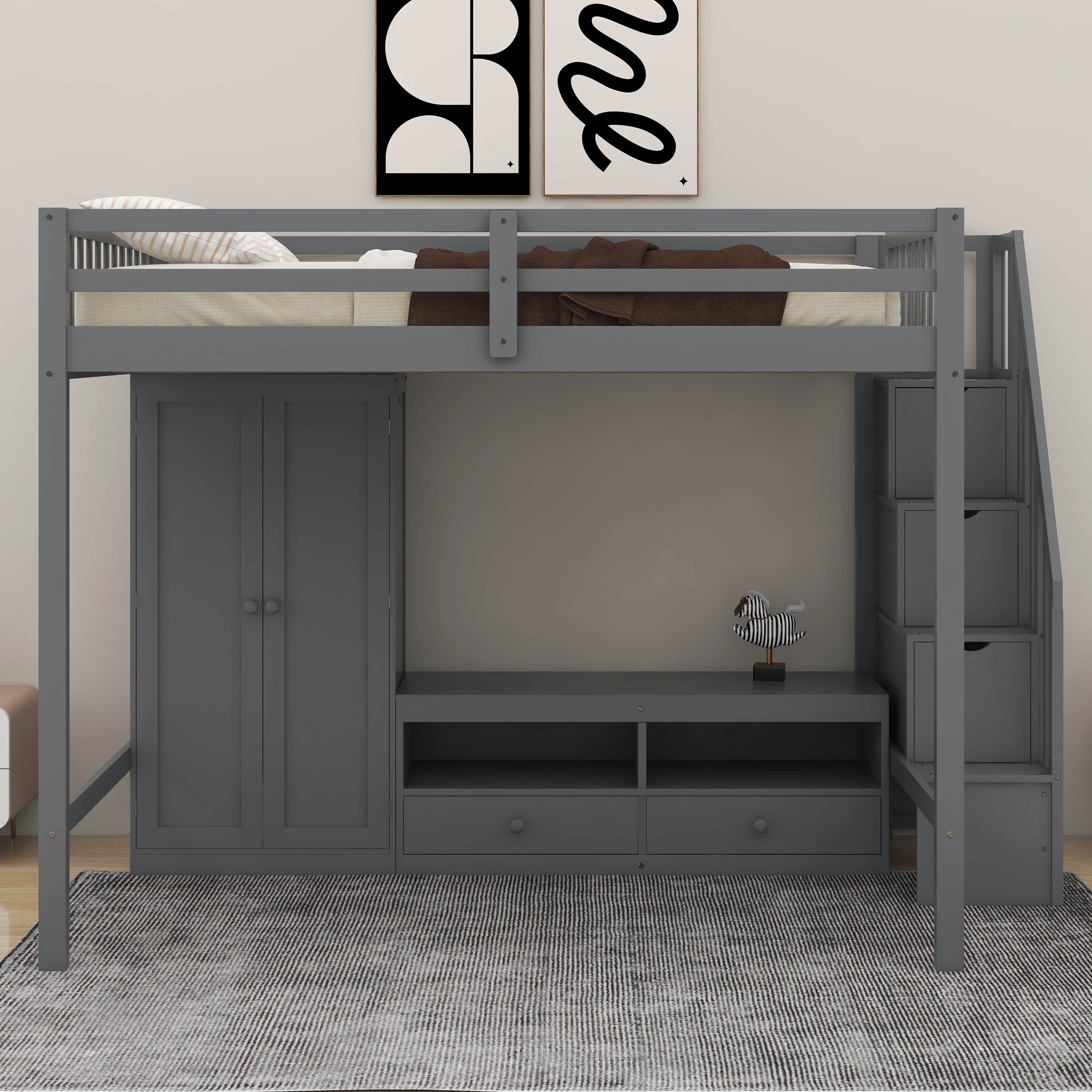 Harriet Bee Karmelita Full Size Loft Bed Frame With Wardrobe,Low