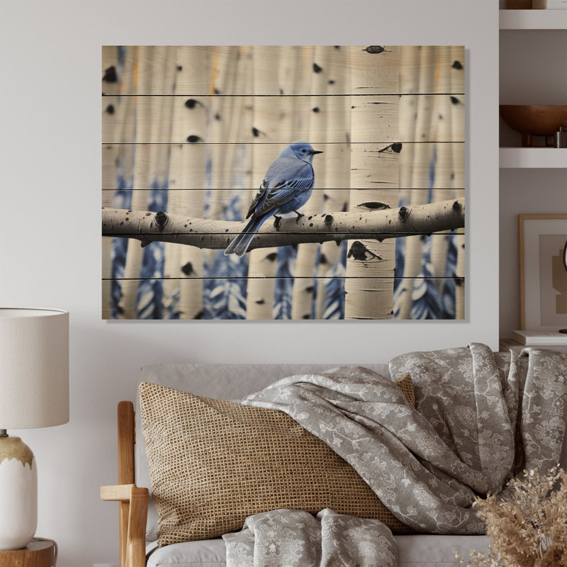 Oiseau monochrome gris-gris dans la forêt I sur bois, H 30 po x l 40 po x P 0,78 po