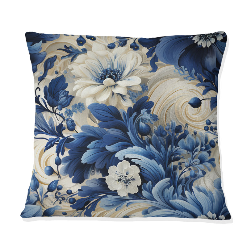 Coussin romantique avec motif victorien tourbillons bleus romantiques - imprimé floral, 18 po x 18 po