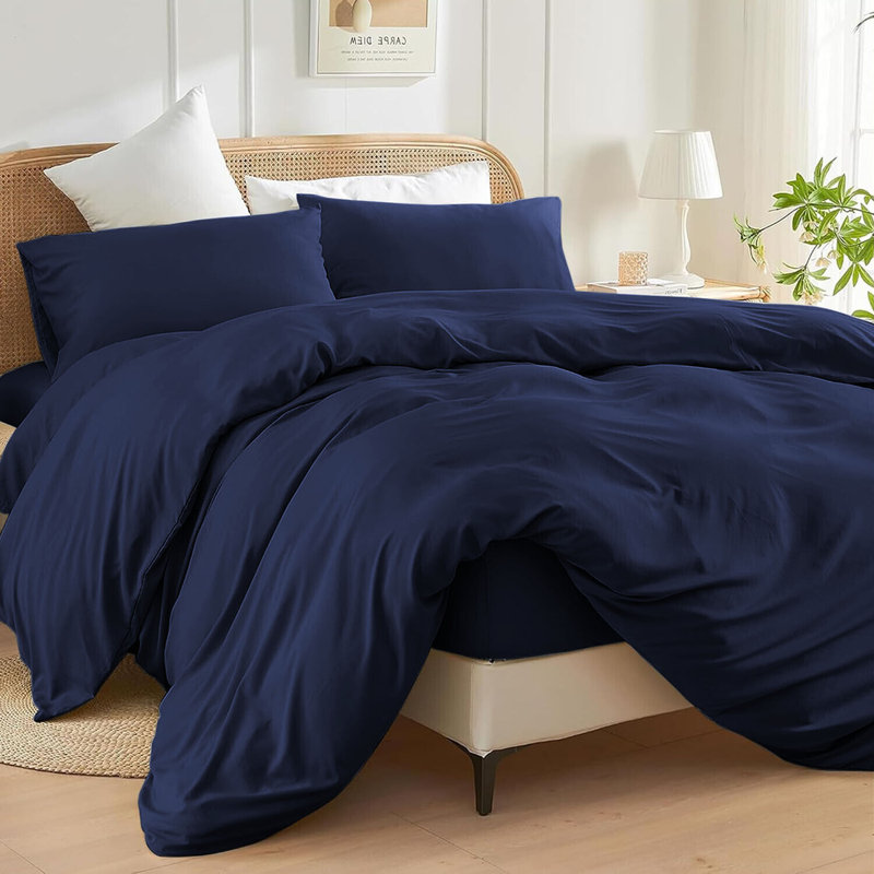 Luxurious 4-Piece Microfiber Duvet Complete Cover Set, Single Duvet Cover Set + 2 Additional Pieces, Navy