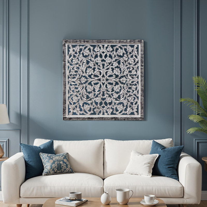 Isaly Carved Mango Wood Wall Decor| 36 Inch Square I Handcrafted Distressed Black & White