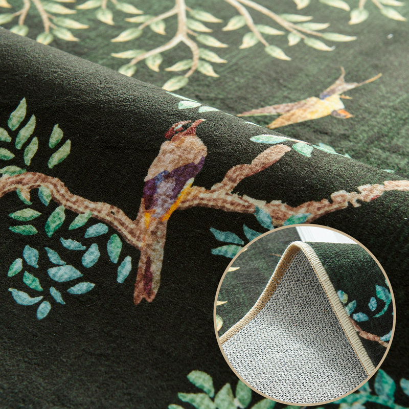 Floral Rug Botanical Birds Print Nature Plants Washable Non-slip, Moss Green, Round 5'
