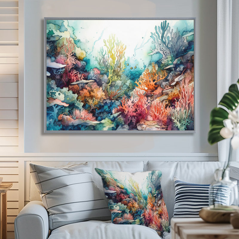 «Vibrant Coral Reef III - Modern Beach», art mural, H 16 po x l 32 po x P 1 po, Encadrement argenté