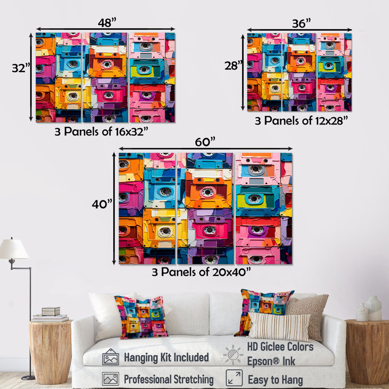 Pop Art Cassette Tapes Melodic Flow - Cassette Tapes Wall Art, Toile tendue, H 28 po x l 36 po x P 1 po